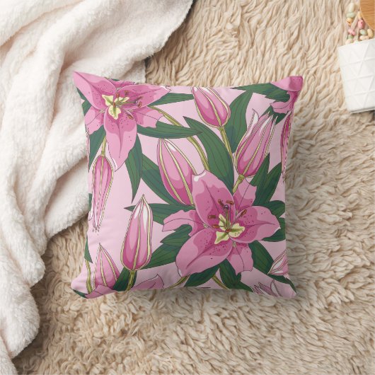 Blooming Lilies in Pastel Pink Throw Pillow クッション (ブランケット)