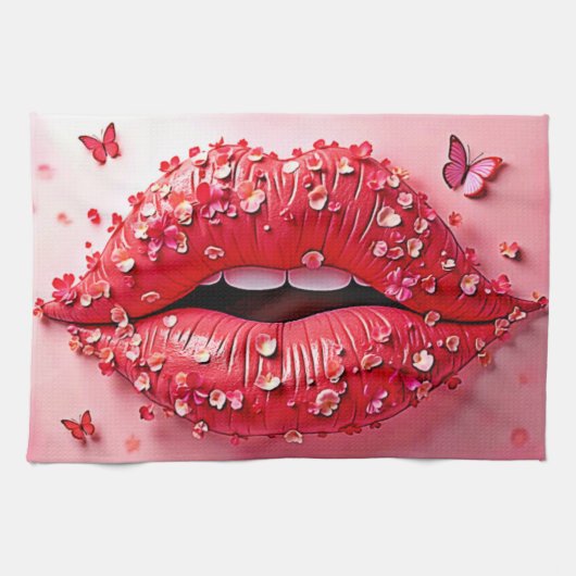 Blooming Lips: Floral Butterfly Kiss キッチンタオル (横)