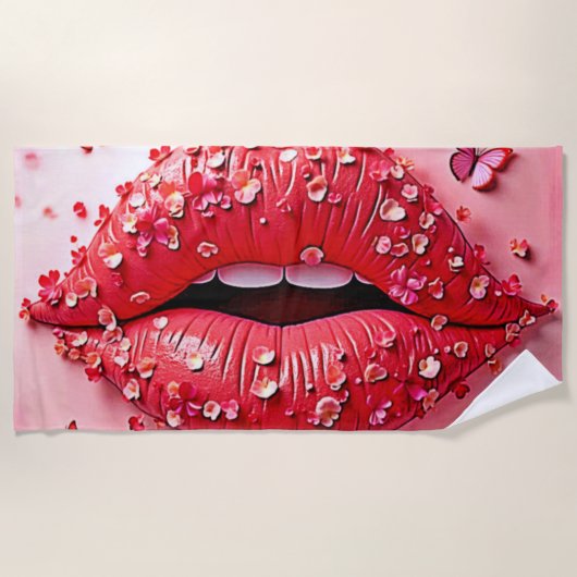 Blooming Lips: Floral Butterfly Kiss ビーチタオル (正面)
