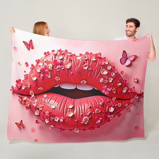 Blooming Lips: Floral Butterfly Kiss フリースブランケット (インサイチュ)