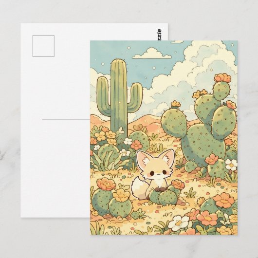 Blooming Prickly Pear Kawaii Fennec Fox ポストカード (正面/裏面)