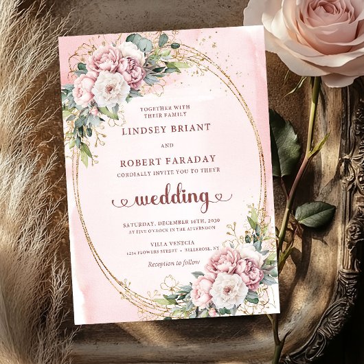 Blooming Rose Gold Blush Floral Eucalyptus Wedding 招待状