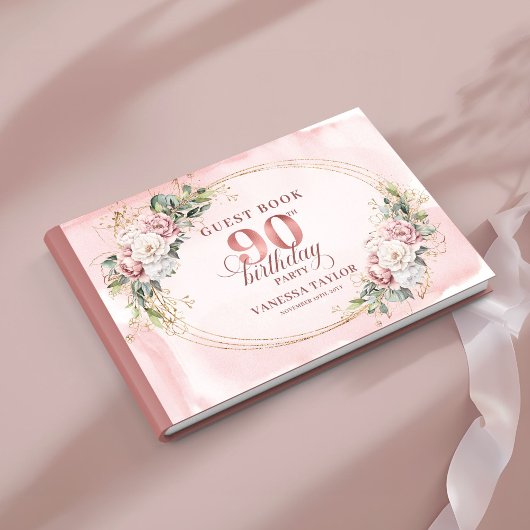 Blooming Rose Gold Floral Greenery 90th Birthday  ゲストブック