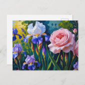 Blooming Roses and Purle Iris Flowers  シーズンポストカード (正面/裏面)