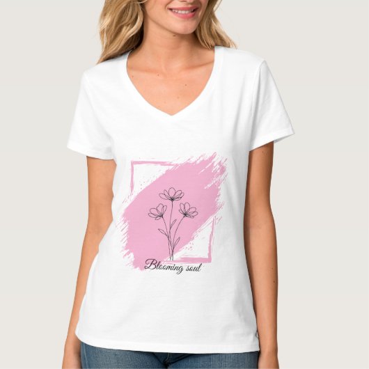 Blooming Soul - ミニマリスト フローラル ラインアート 花 Tシャツ (正面)