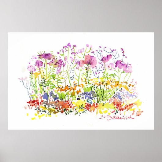 Blooming Summer Garden - 手描き水彩画 ポスター (正面)