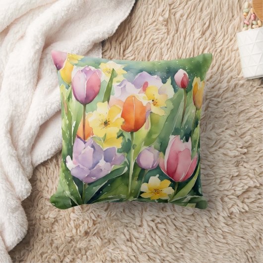 Blooming Tulips in watercolors クッション (ブランケット)