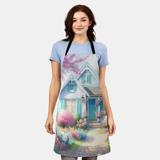 Blossom Lane Blue Cottage Garden エプロン (着用した状態)