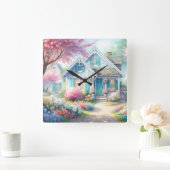 Blossom Lane Blue Cottage Garden スクエア壁時計 (ホーム)
