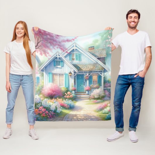 Blossom Lane Blue Cottage Garden フリースブランケット (インサイチュ)