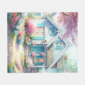 Blossom Lane Blue Cottage Garden フリースブランケット (正面(横))