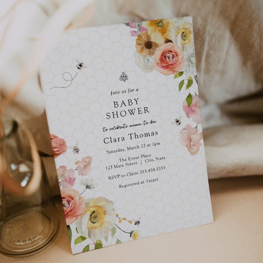 Blossoms and Honey Bee Baby Shower Invitation 招待状