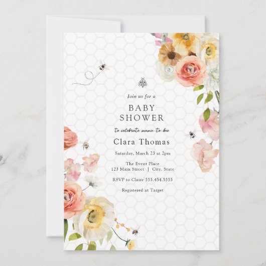 Blossoms and Honey Bee Baby Shower Invitation 招待状 (正面)