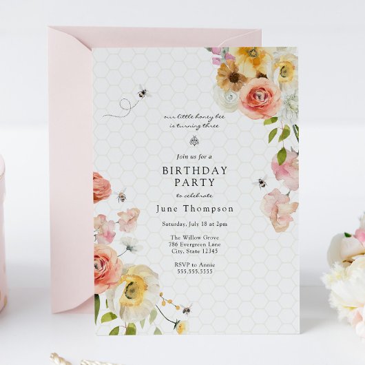 Blossoms and Honey Bee Birthday Girl Invitation 招待状