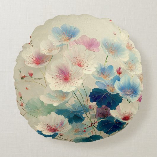 Blossoms in Bloom – Soft Pastel Botanical Art #1 ラウンドクッション (正面)