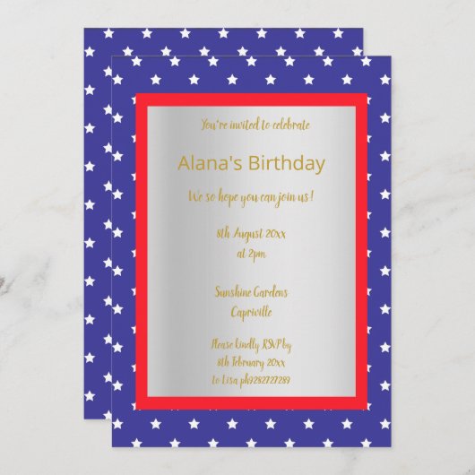 BLUEスターモダンすべての行事パーティー金ゴールド銀 招待状 (正面/裏面)