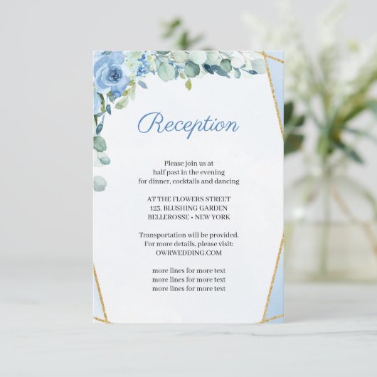 BLueフラワー素朴ズ金ゴールドフレームウェディングレセプション エンクロージャーカード (スタンド正面)