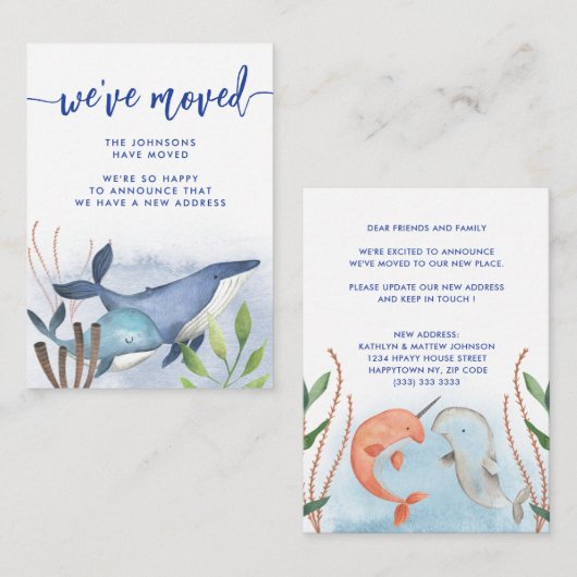 Blue おもしろい Whale新住所の引越し案内 ノートカード (正面/裏面)