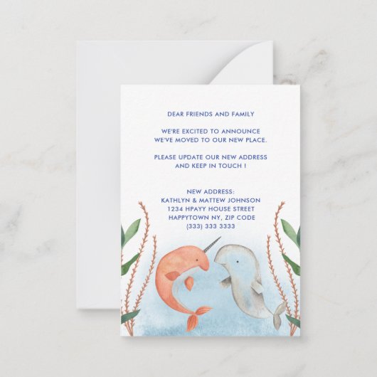 Blue おもしろい Whale新住所の引越し案内 ノートカード (裏面)