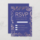 Blue エレガント 王室のバラ金ゴールドフローラRSVPカード 出欠カード (正面/裏面)