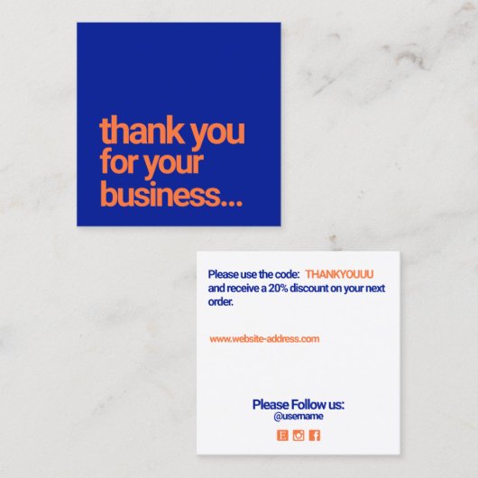 Blue クール Thank You Customer Annovation Insert スクエア名刺 (正面/裏面)