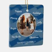 Blue モダン Christmas Wishes家族フォトキープサケ セラミックオーナメント (右)