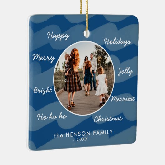 Blue モダン Christmas Wishes家族フォトキープサケ セラミックオーナメント (右)