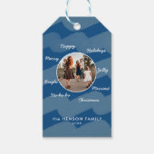 Blue モダン Christmas Wishes家族写真 ギフトタグ (正面)