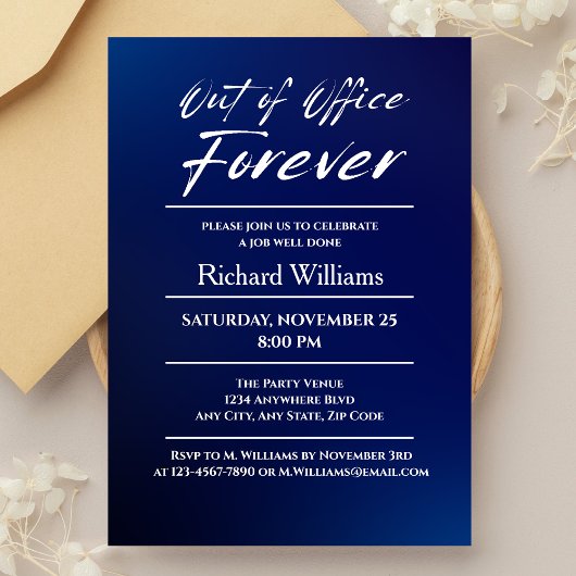 Blue モダン Out of Officeをテーマにした退職パーティー 招待状