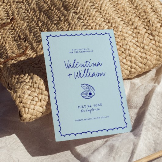 Blue モダン Shell地中海の日付の保存 招待状