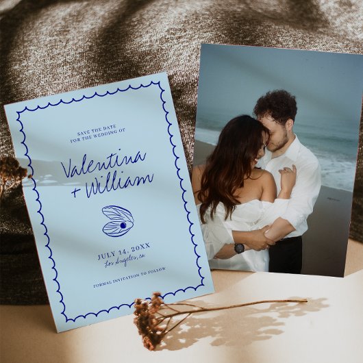Blue モダン Shell地中海の日付の保存 招待状