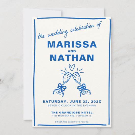 Blue 描 Together Toastフォト結婚式招待状 招待状 (正面)