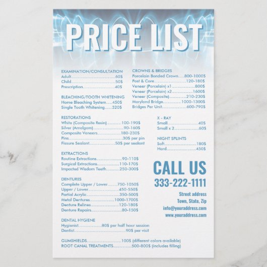 Blue 白熱［赤熱］光を放つ Titesスマイル歯医者の価格表 便箋 (正面)