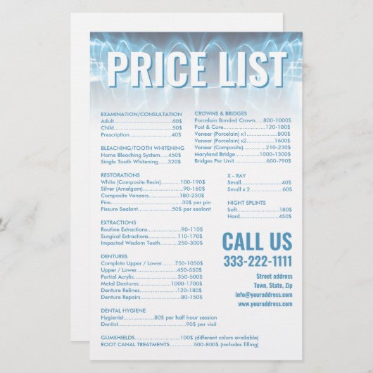 Blue 白熱［赤熱］光を放つ Titesスマイル歯医者の価格表 便箋 (正面/裏面)