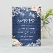 Blue 素朴 Mason Jar Lightsフローラ保存日 招待状 (スタンド正面)