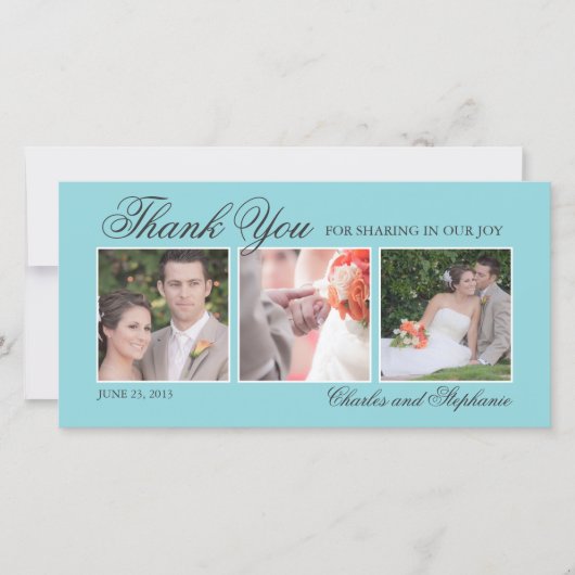 Blue 結婚 Three Photo Cardに感謝 サンキューカード (正面)