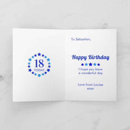 Blue 18 Todayまたは任意の年齢のカスタマイズ可能誕生日車 カード (内部)