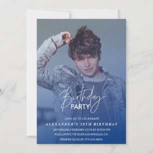 Blue 20th誕生日の招待Birthday party写真 招待状