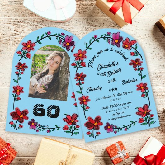 Blue 60th Birthday Party Whimsical Doodle Flowers 招待状