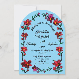 Blue 60th Birthday Party Whimsical Doodle Flowers  招待状