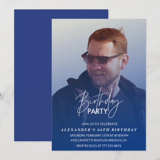 Blue 66th誕生日の招待Birthday party写真 招待状 (正面/裏面)