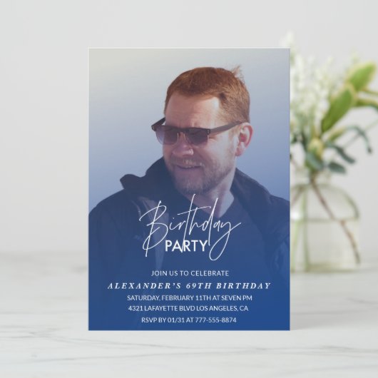 Blue 69th誕生日の招待Birthday party写真 招待状 (スタンド正面)