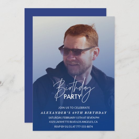 Blue 69th誕生日の招待Birthday party写真 招待状 (正面/裏面)