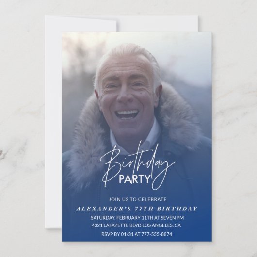 Blue 77th誕生日の招待状Birthday party写真 招待状 (正面)