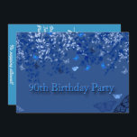 Blue 90th Birthday Party Invitation/蝶 招待状<br><div class="desc">第90回バースデーパーティーへの招待。青い背景とかわいらし春の枝とひらひら蝶。</div>