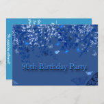 Blue 90th Birthday Party Invitation/蝶 招待状<br><div class="desc">第90回バースデーパーティーへの招待。青い背景とかわいらし春の枝とひらひら蝶。</div>