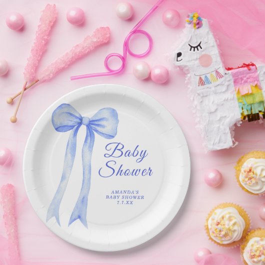 Blue a Bow男の子シャワー ペーパープレート (パーティー)