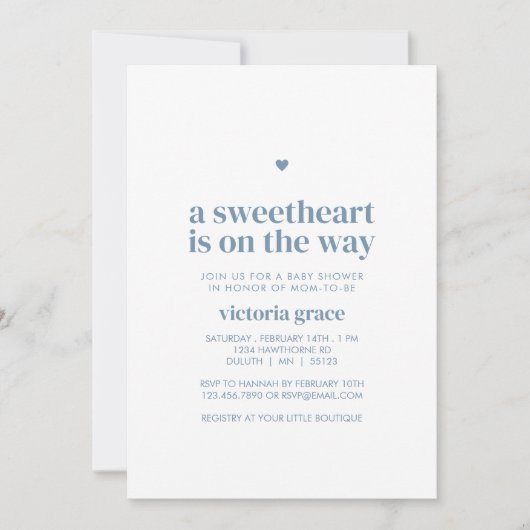 Blue A Little Sweetheart Baby Shower 招待状 (正面)