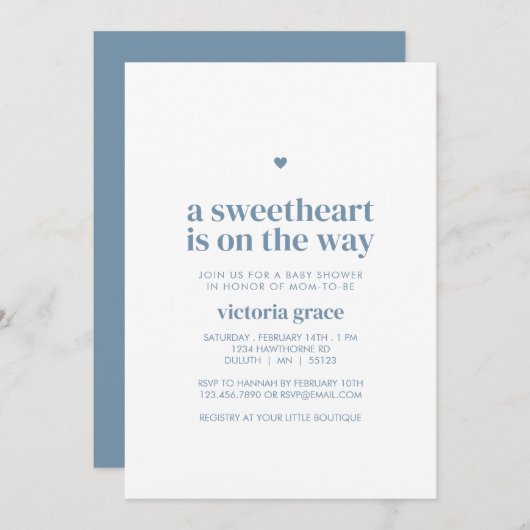 Blue A Little Sweetheart Baby Shower 招待状 (正面/裏面)