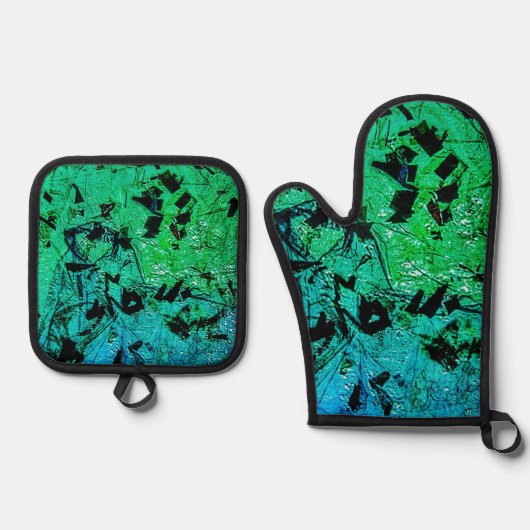 Blue abstract potholder and oven,Beautiful green 鍋つかみ&鍋敷きセット (正面)